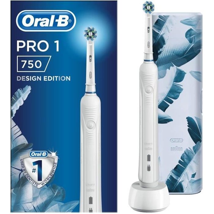Brosse à Dents Électrique Rechargeable Oral-B PRO 1 750 - Avec 1 Manche Capteur de Pression - 1 Brossette et 1 Étui de Voyage Offert