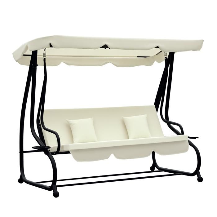 Balancelle de jardin 3 places convertible toit inclinaison réglable 2 tablettes support 2L x 1,2l x 1,64H m métal époxy noir polyest