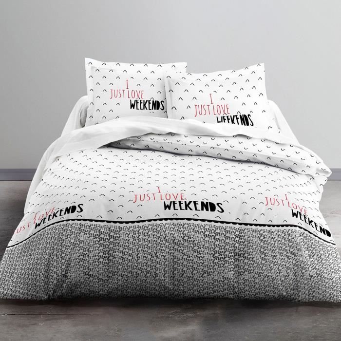 Housse de couette 240x260 Enjoy Just WE + 2 taies 100% coton 57 fils Blanc