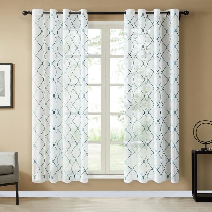 Topfinel Voilage 140x220 - Turquoise à Oeillets en Lin Brodé des Losanges - pour Salon Moderne Chambre - 2pcs