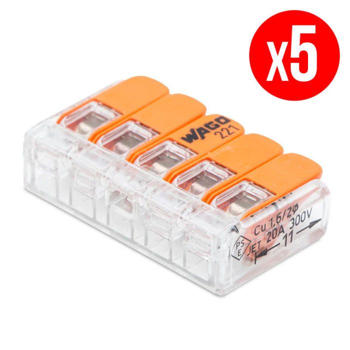 Lot de 5 bornes de connexion pour fil souple & rigide à levier S221 de 5 entrées
