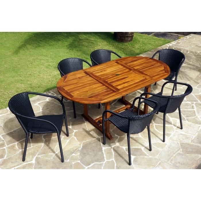 salon de jardin teck 180cm et 6 fauteuils Bora en résine