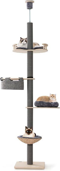 Meilleurs prix pour GOPLUS Arbre à Chat à 5 Niveaux du Sol au Plafond, Hauteur Réglable 236-271cm, avec Griffoir, Tremplin, Lit, Panier, Hamac