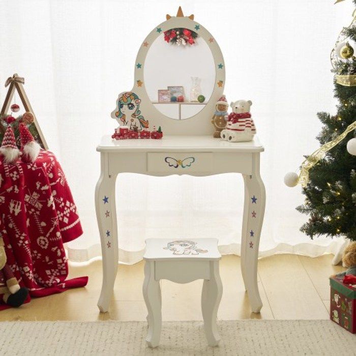 ALIGHTUP - Ensemble coiffeuse pour enfants motif licorne mignon avec miroir tiroir et tabouret - blanc ALIGHTUP - Ensemble coiffeuse pour enfants motif licorne mignon avec miroir tiroir et tabouret - blanc