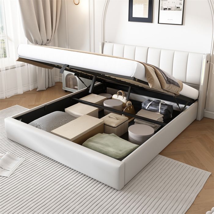 Lit 160x200 avec Sommier et Port USB Rechargeable Lit Coffre Lit Double LED Lit avec Rangement Tête de Lit Réglable Blanc PU