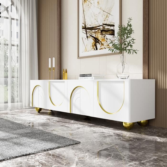 Meuble TV 170*38*44cm meuble télé bas avec portes texturées pieds ronds dorés Meuble salon moderne avec étagères blanc