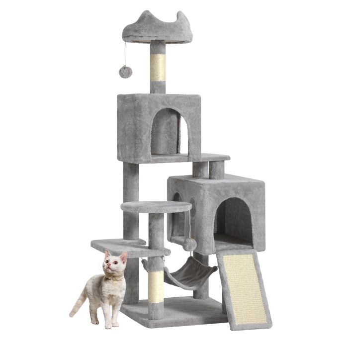 Meilleurs prix pour Balconera Grand Arbre Chat XL 137cm - 2 Poteaux Sisal Plateforme 2 Niches Hamac Balles Gris Clair