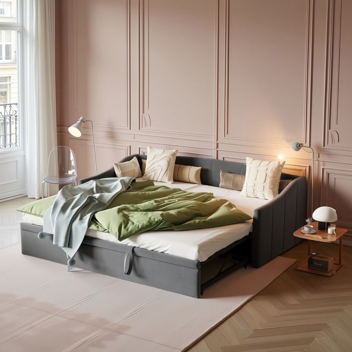 Banquette-lit Extensible 90 à 180x200 en Velours Gris  Se transforme en Lit Double  Canapé-lit 2 Places  Sommiers à Lattes