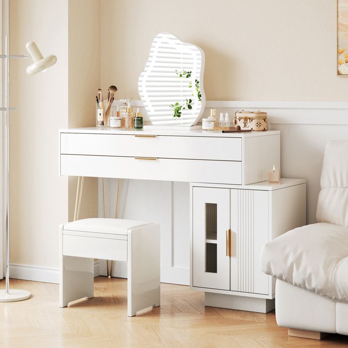Coiffeuse - TRUXEN8 - Miroir LED - Design extensible - Blanc - H78/L100/P40 cm