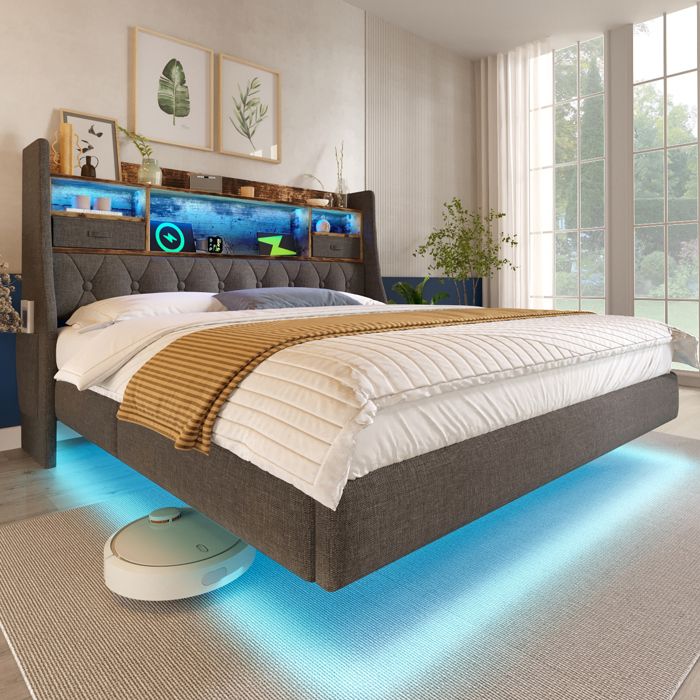 Lit coulissé 160x200 cm avec éclairage LED tête et station de recharge (1 Type-C 3 prises USB) lit double moderne avec tête de