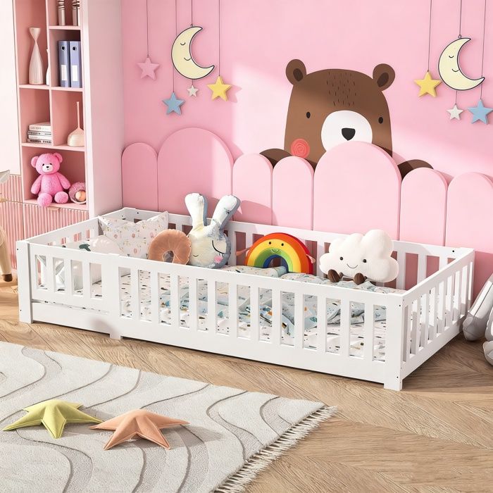 Lit Enfant 90x200cm Lit au Sol Lit Enfant avec Barrière de Sécurité et Sommier à Lattes Lit Montessori Bois Massif Pin Blanc