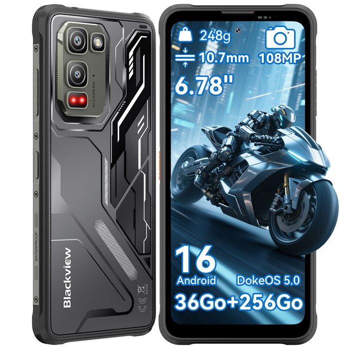 BLACKVIEW  Fort 5 Android 16 T&eacute;l&eacute;phone Portable Incassable6.78 36Go+256Go 120Hz108MP+50MP+13MPIP69K/NFC - Noir