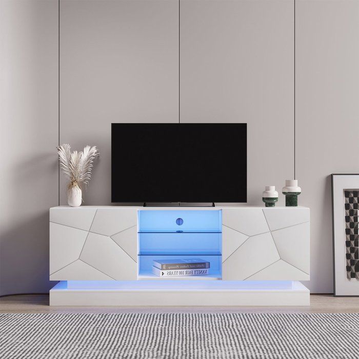 Meuble TV 160 cm Blanc Mat Étagère Verre Ajustable Charnières Silencieuses TV jusqu’à 70