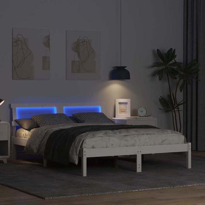 Structure de lit avec tête de lit - UU - Blanc - 120x200 cm - Pin massif - Cadre à lattes - Prise USB