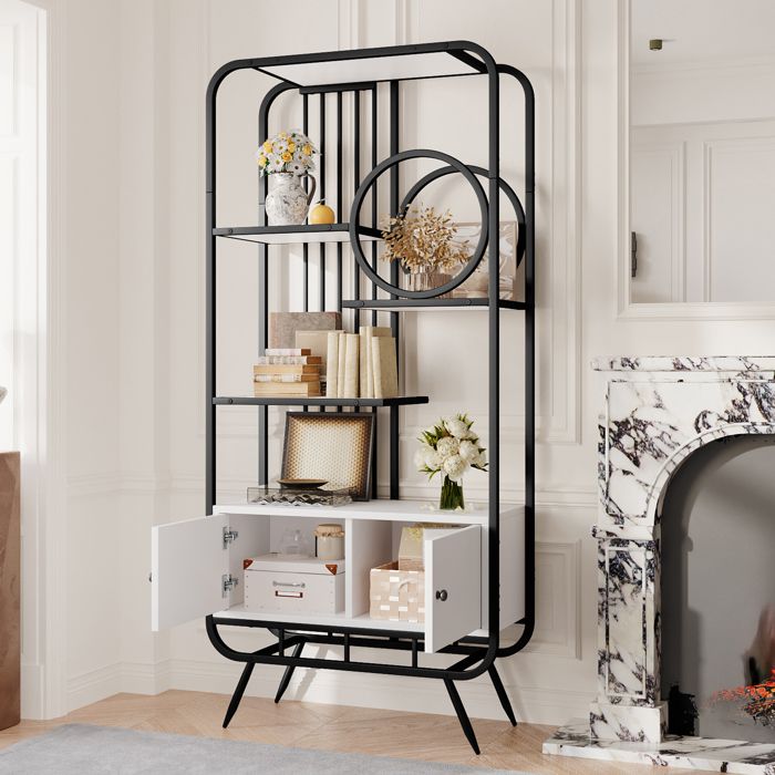 Étagère métallique 80 x 30 x 180 cm meuble de rangement blanc à double porte trois étagères structure en métal noir pieds hauts