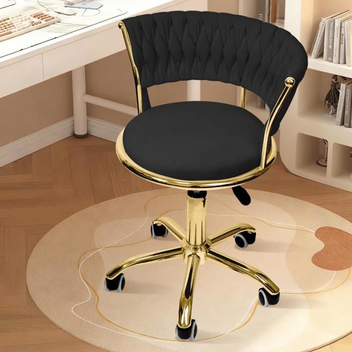 Tabouret de Bureau à Roulettes - Tabouret de Maquillage avec Dossier - Rotatif à 360° - Hauteur Réglable - 51x44x63-76 cm - Noir