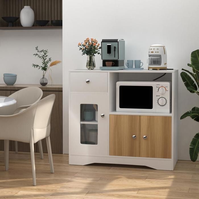 SUPFINE Meuble Micro-Ondes Armoire de Cuisine Buffet avec Tiroir et Portes Passe-câbles pour Cuisine Salle à Manger Salon