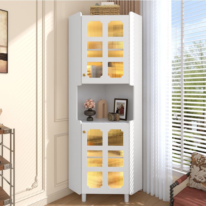 Buffet de cuisine. meuble haut avec LED pilotée par appli. 3 zones de rangement. MDF laqué blanc