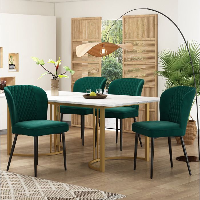 Ensemble table à manger rectangulaire 140×80 cm et 4 chaises.table MDF blanche piètement métal doré.chaises velours vert