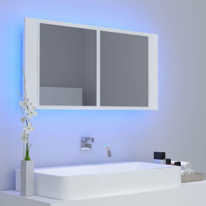 HOT SALE*Armoire de bain à miroir CLARENCE 60 kg capacité Placard Mural LED Blanc 90x12x45 cm Acrylique - M588856
