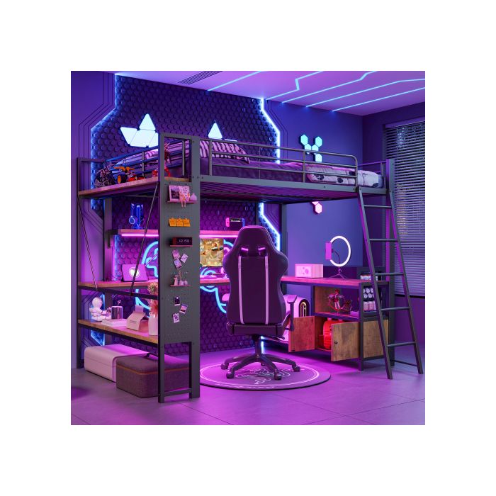 Lit mezzanine avec bureau - MODERNLUXE - 140x200 cm - Structure en fer - Éclairage LED - Bureau intégré - Port USB
