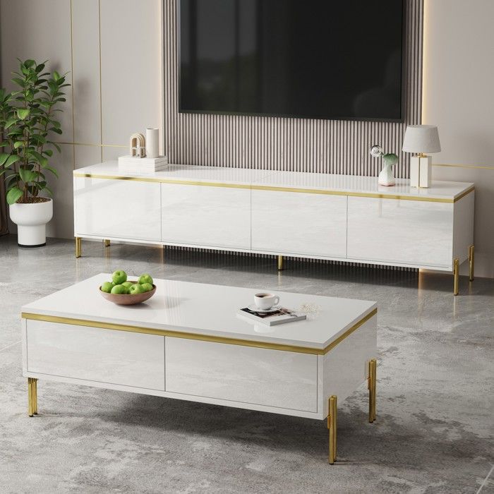 Ensemble Meuble TV Moderne et Table Basse - Blanc Brillant avec Pieds en Métal Doré 4 Portes et 2 Tiroirs