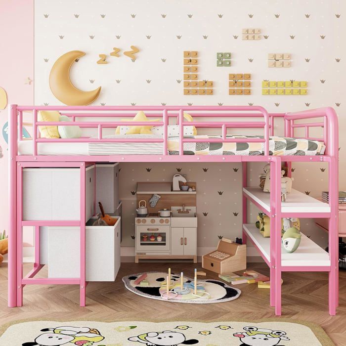 Lit Mezzanine 90x200cm avec 6 Tiroirs Sommier à Lattes 2 étagères de Rangement Escalier à 2 pour enfant -sans Matelas (Rose)