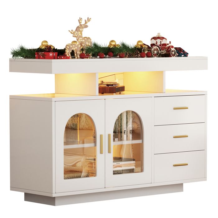 Buffet Bahut - LED Intégré Tiroirs et Portes Battantes Rangement Vaisselle et Bouteilles MDF + Acrylique Blanc 120x40x80 cm