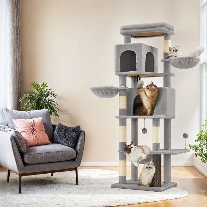 Arbre à Chat 175 cm 2 Paniers 2 Niches 5 Griffoirs Toilettage Autonome Hamac Perchoir Gris