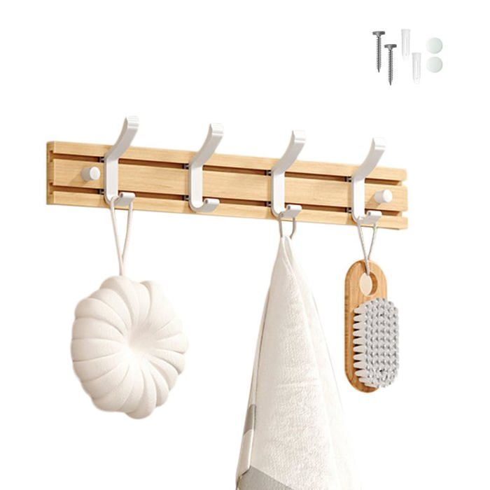 Porte Manteau Bambou Mural Patères 4 Crochets pour Suspendre Vêtements Peignoirs Serviettes Manteaux Crochet Mural (Blanc)