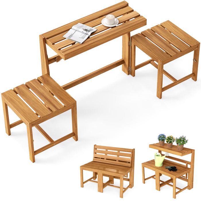 3 en 1 Ensemble Table et Chaises Extérieur COSTWAY Table Rectangulaire en Bois dAcacia Banc 2 Places à Lattes Dossiers Inclinés