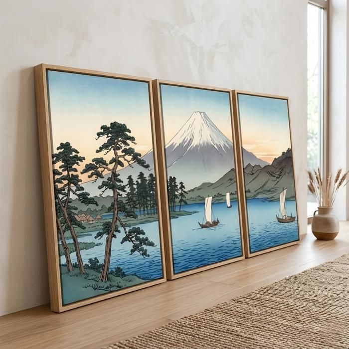 Tableau toile triptyque Mont Fuji-Décoration murale japonaise paysage lac et bateaux-cadre flottant bois 6191