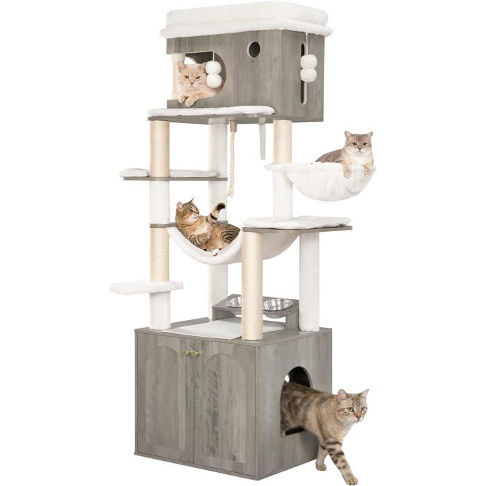 Arbre à Chat avec Meuble Litiere Chat Mangeoire Hauteur 176 cm avec Grande Plateforme Corde en Sisal Hamac Greige