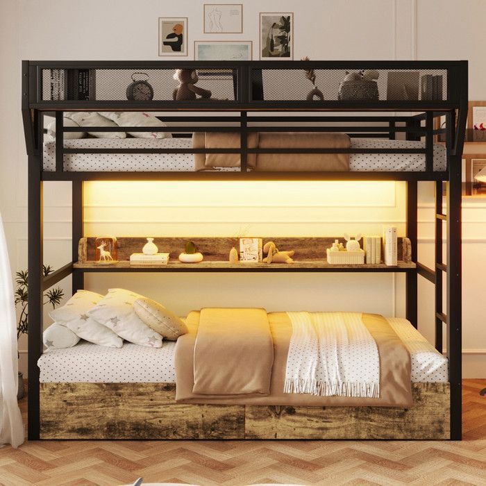 Lit superposé 90x200cm lit enfant avec lumières LED et 2 tiroirs lit double avec sommier à lattes et rangement MDF+Métal noir