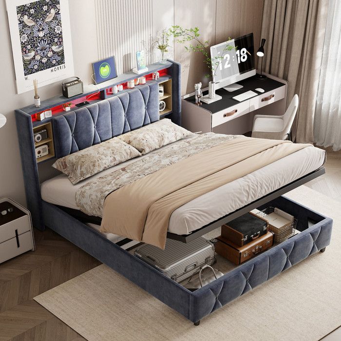 Lit Coffre 140x200 cm Lit Double Rembourré avec LED et USB-C Tête de Lit avec Espace de Rangement Sommier Inclus Velours Gris