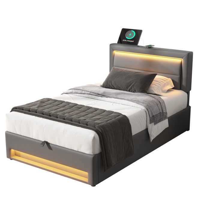 Lit 90x190 cm avec rangement USB pour charge sans fil éclairage LED sans matelas revêtement PU motif litchi gris