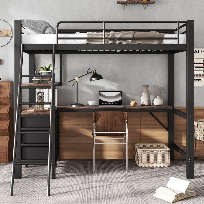 Lit Mezzanine avec Bureau 2m et 3 Tiroirs 90x200 cm Métal et Bois Noir Noyer Lit Combiné Ado Industriel Robuste 120kg