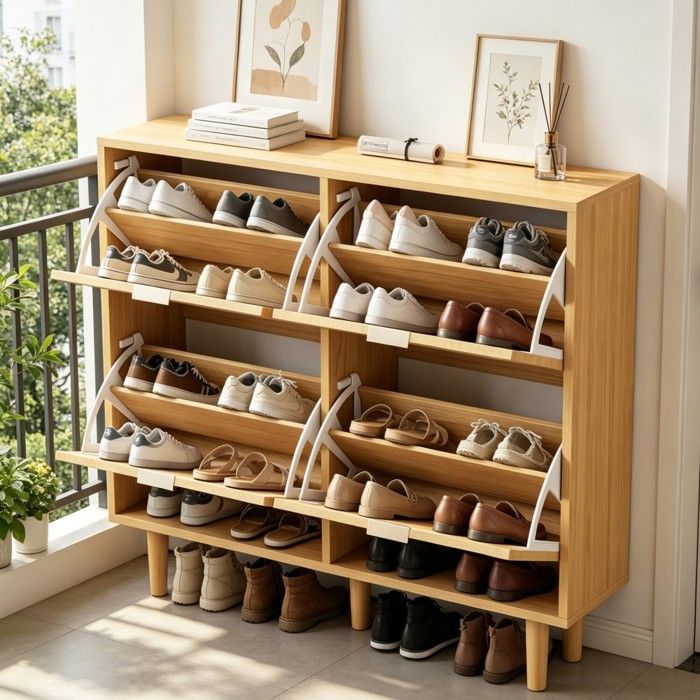 Meuble à Chaussures 4 Abattants - Armoire à Chaussures Design - Meuble de Rangement Entrée 20 Paires - Bois Clair
