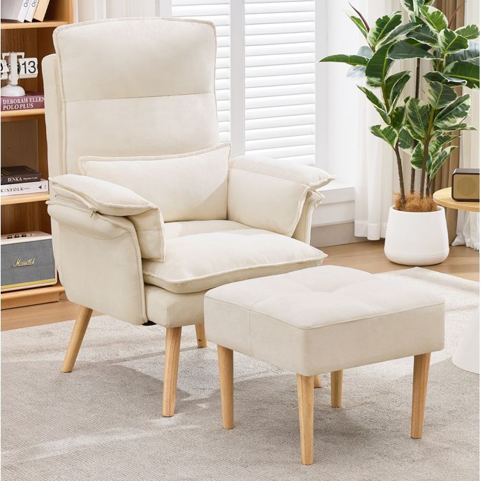 WOVREO Fauteuil relax 1 place avec repose-pieds dossier réglable 5 positions tissu aspect lin beige