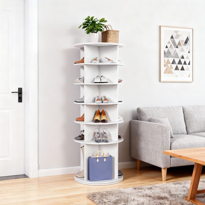 Meuble à chaussures rotatif 360° 6 niveaux 24 paires en PVC blanc 60 x 60 x 161 cm