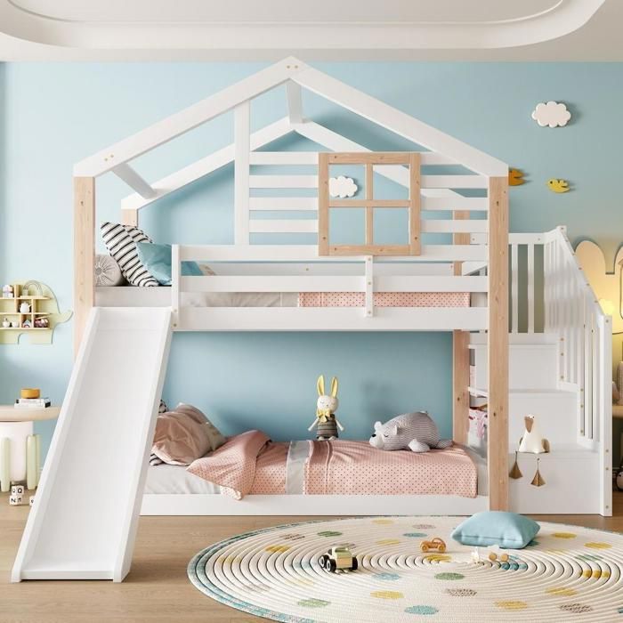Lit superposé enfant - KOMHTOM - Grand lit superposé enfant - Bois massif - Toboggan - Rangements intégrés