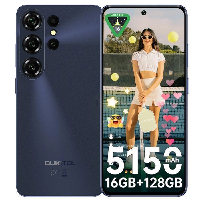 Smartphone OUKITEL C26 16Go+128Go/1To Écran 663 90Hz Batterie 5150mAh Telephone Portable Android 16 Double SIM 4G/NFC Bleu
