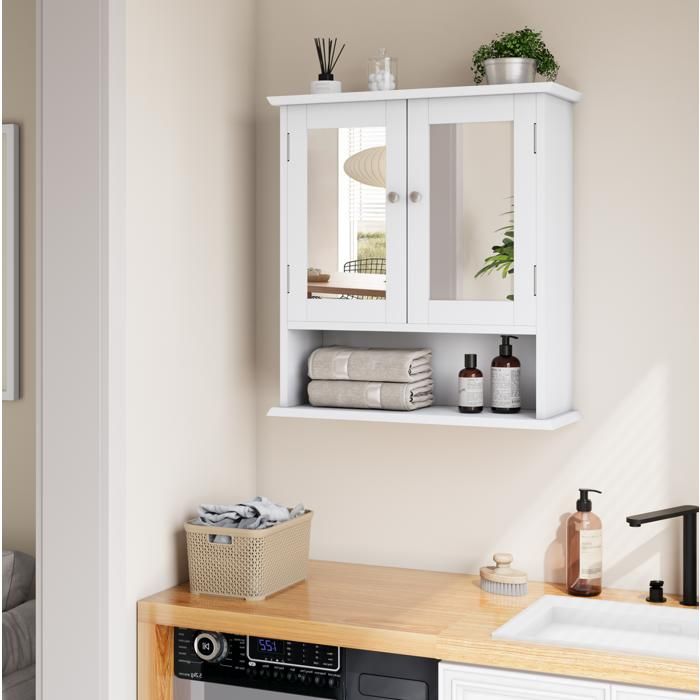 Armoire Murale avec Miroir 2 Portes Étagère Réglable et Étagère Ouverte - BEAUNIV - Salle de Bain Blanc 54 6×19 8×60 cm