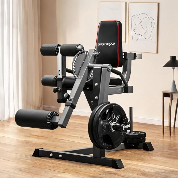 Appareil de musculation pour cuisses et mollets en acier slate gray avec charges libres 100x90x105 cm