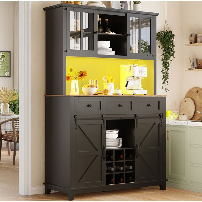 Buffet De Cuisine Noir En MDF Vitrine Farmhouse FloraGrace Pour Cuisine Ou Salon LED Et Etageres Reglables 105x38.4x180cm