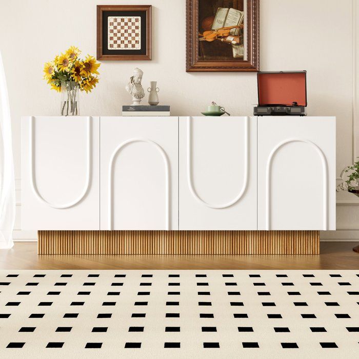 Buffet Bahut Moderne 160x75x38 cm Meuble de Rangement 4 Portes Rangement Salon Salle à Manger Façades Relief U - Blanc Bois
