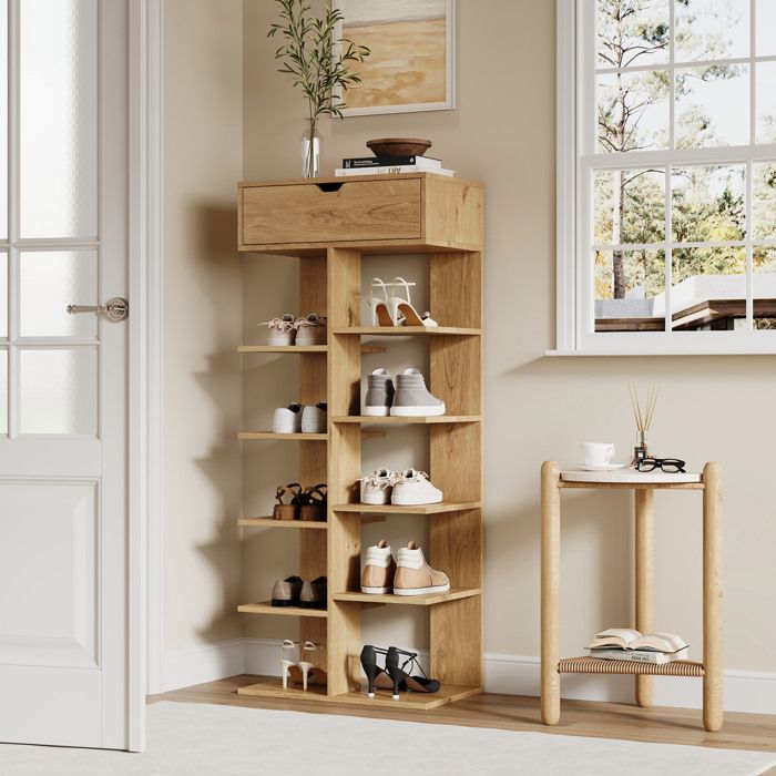 Meuble à chaussures multifonction 55 x 33 x 133 cm avec 1 tiroir 10 compartiments ouverts décor bois naturel