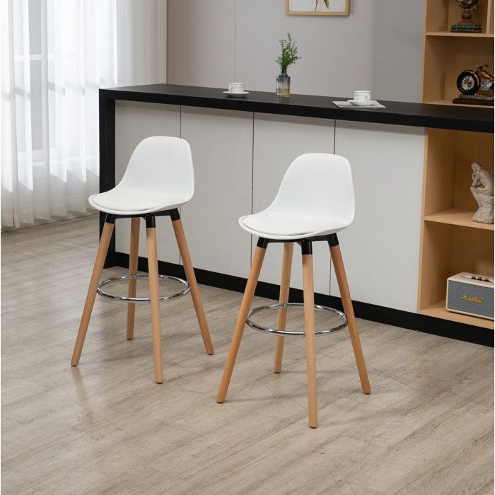 Lot de 2 Tabourets de Bar avec Repose-Pieds - LPOSPI - simili cuir blanc bois et acier 38 5 × 42 5 × 91 cm