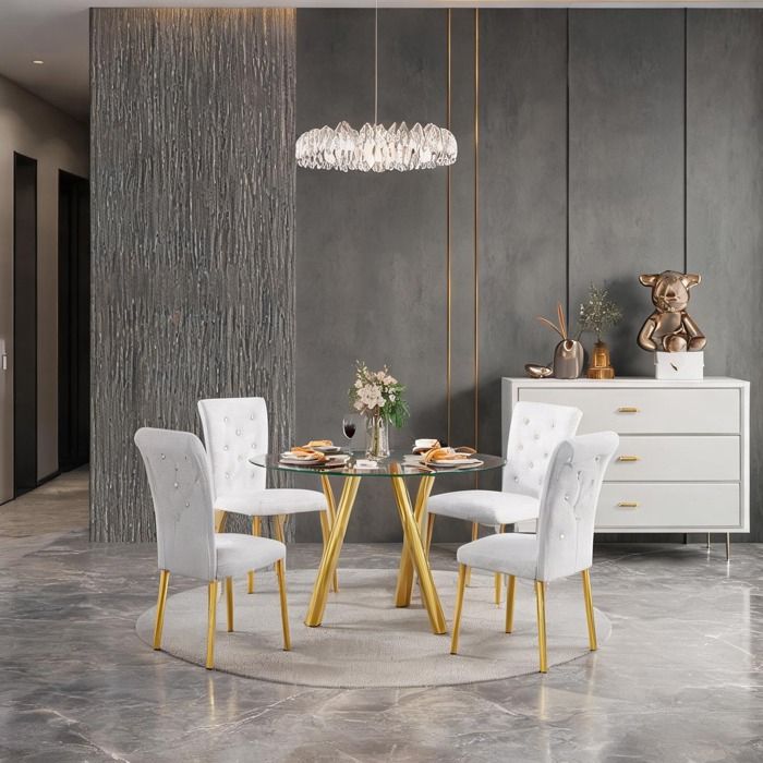 Ensemble table ronde verre trempé et 4 chaises similicuir blanc pieds métal doré design contemporain pour cuisine ou salle à