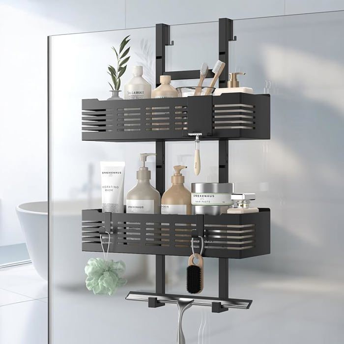 Étagère Douche à Suspendre Sans Perçage Noire Porte Verre 3 Crochets Porte Shampoing Instaltion Sa PORTE ACCESSOIRE DE SALLE DE B